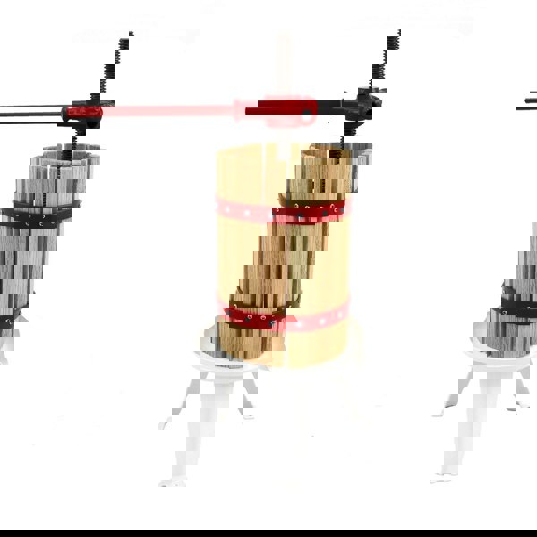 KuKoo 6 Litre Fruit Press features a wooden barrel with red metal bands, a sturdy handle, and a white base for easy fruit pressing