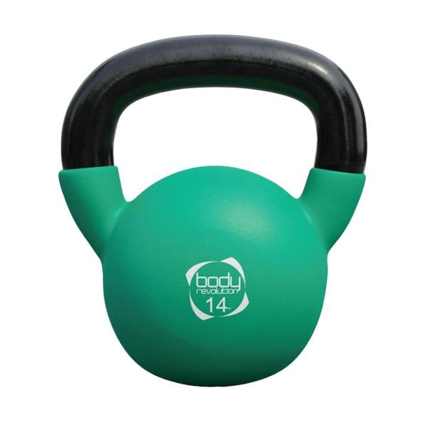 14kg neoprene kettlebell in vibrant teal with a black handle, featuring a smooth texture and ergonomic design for comfortable grip