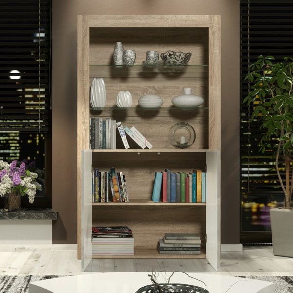 Mex Furniture Tall Display Cabinet 170cm Oak Matt Body and White Gloss Doors – Modern Open Shelving Unit