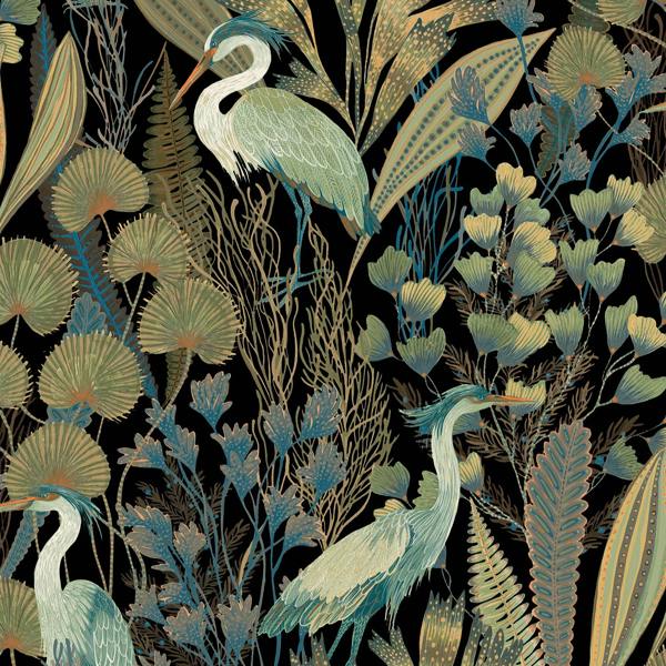 Grandeco Tropical Cranes Black Textured Wallpaper, Black Green Teal