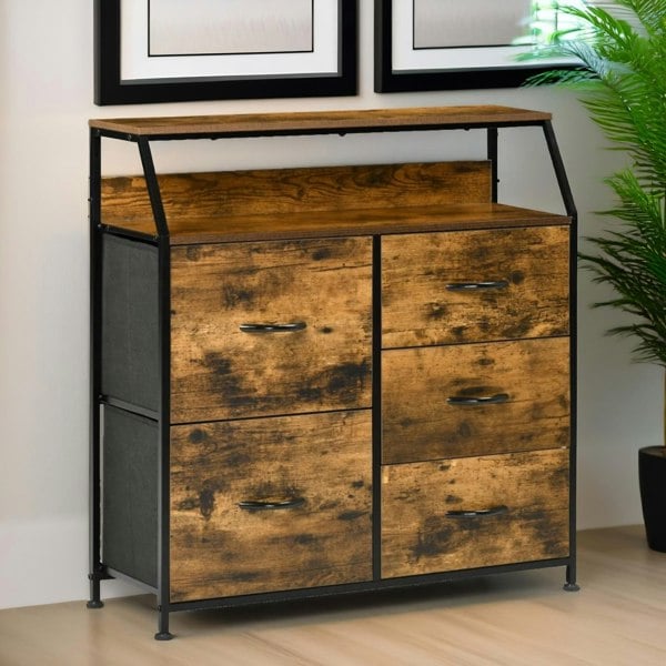 Rafaelo Mobilia Industrial Rustic Brown Chest With 5 Fabric Drawers