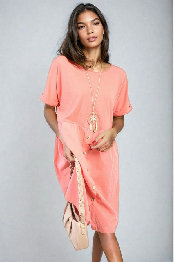 Aileen Short Sleeve Button Front Midi Dress - Coral