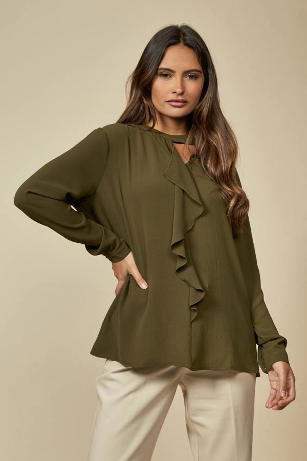 Hoxton Gal Oversized Long Sleeves Frill Front Blouse with Detailed Neckline in Khaki