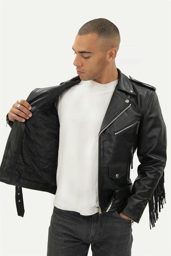 Infinity Leather Mens Fringe Hide Leather Biker Jacket- Tokyo