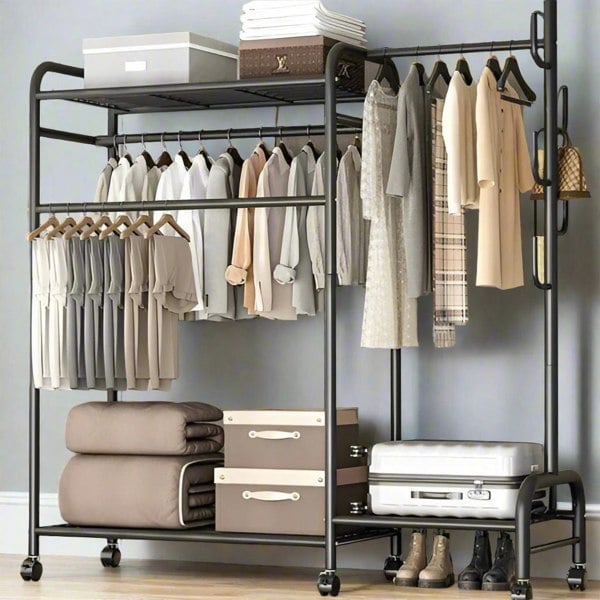 Heavy duty double clothes rail rack with wheels and multi-layer storage shelves in painted iron pipe finish

