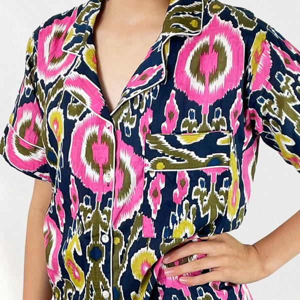 Hayley & Co Ikat Print Cotton Short Pyjama Set in Navy Blue and Pink