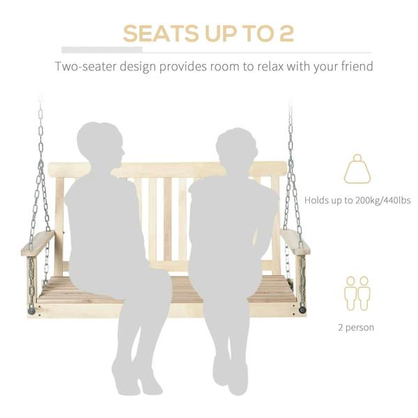 Natural two-person wooden swing bench with wide armrests and hanging chains