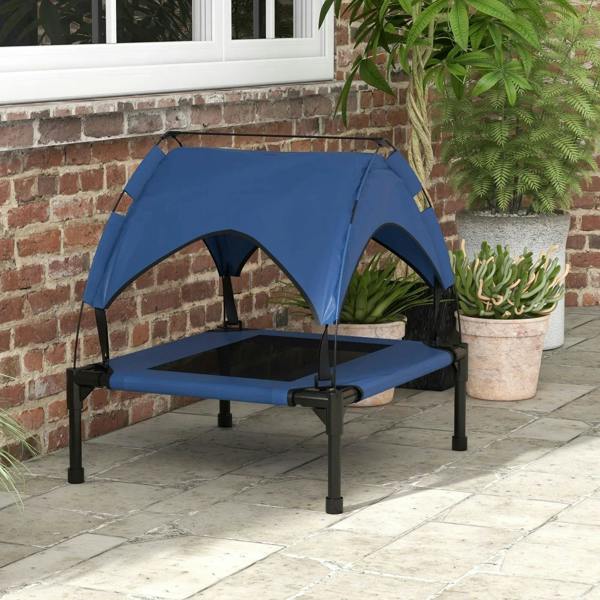 Dark blue elevated pet bed with removable-style canopy and open arch front
