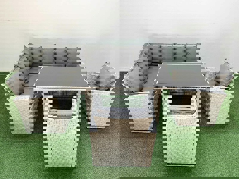 Fimous 8 Seater Wicker Rattan Corner Sofa Sets Outdoor Garden Furniture Sets with Rectangular Dining Table Lounge Sofa 2 Armchair Light Grey