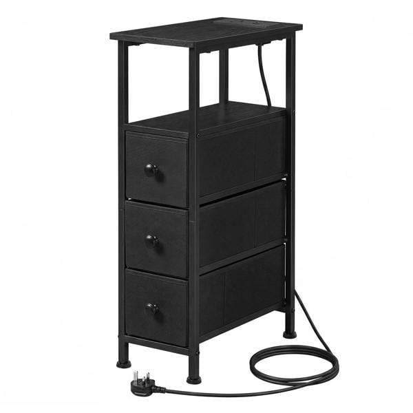Levede Slim Bedside Table with Charging Station 3 Drawers for Bedroom Black
