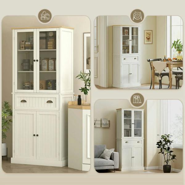 Cream white freestanding storage cabinet with glass-door upper and two-door lower cabinet