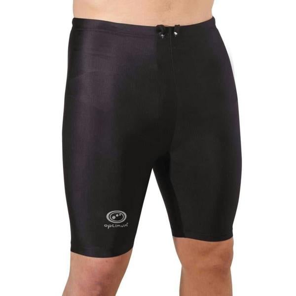 Man wearing black Optimum Multi-X compression shorts, front view with grey logo, on white - Optimum