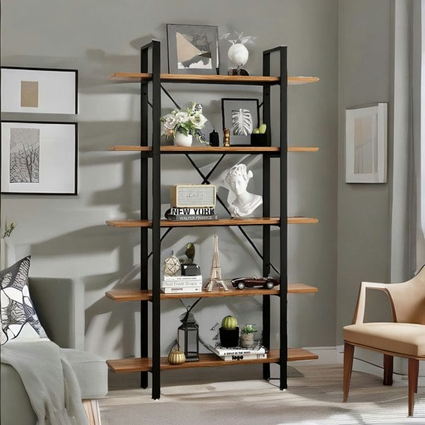 Rafaelo Mobilia Industrial 5 Tier Rustic Brown Bookcase