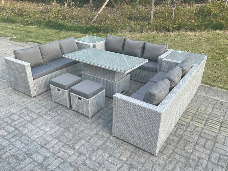Fimous U-Shape 11 Seater Rattan Garden Sofa Dining Set with Adjustable Rising Table & Coffee Tables