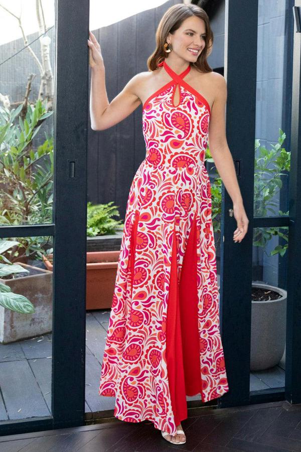 HotSquash Halter Neck Maxi Dress with Contrast Panels