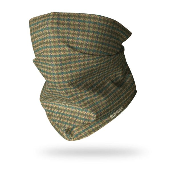 Country Tweed RUFFNEK® snood with green printed tweed pattern, shown in a 3d soft draped fit as a face mask - ideal for outdoor country sports and everyday wear.
