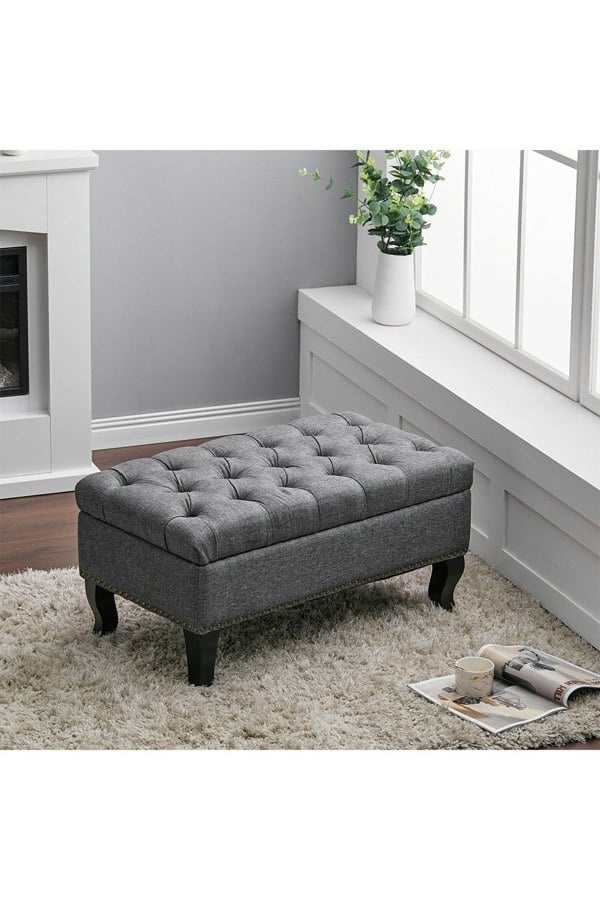 Living and Home Linen Button Tufted Footstool Bed End Bench with Nailhead Trim