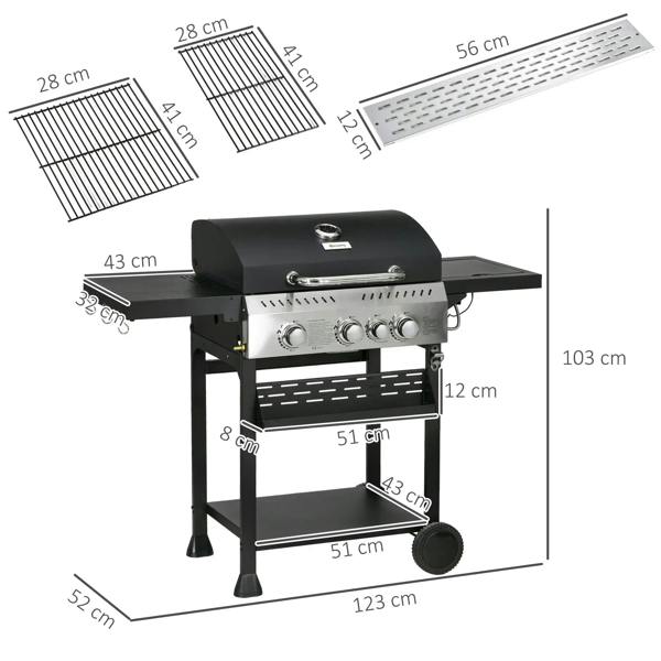 Black four-burner steel gas grill with dimension diagram and side shelf