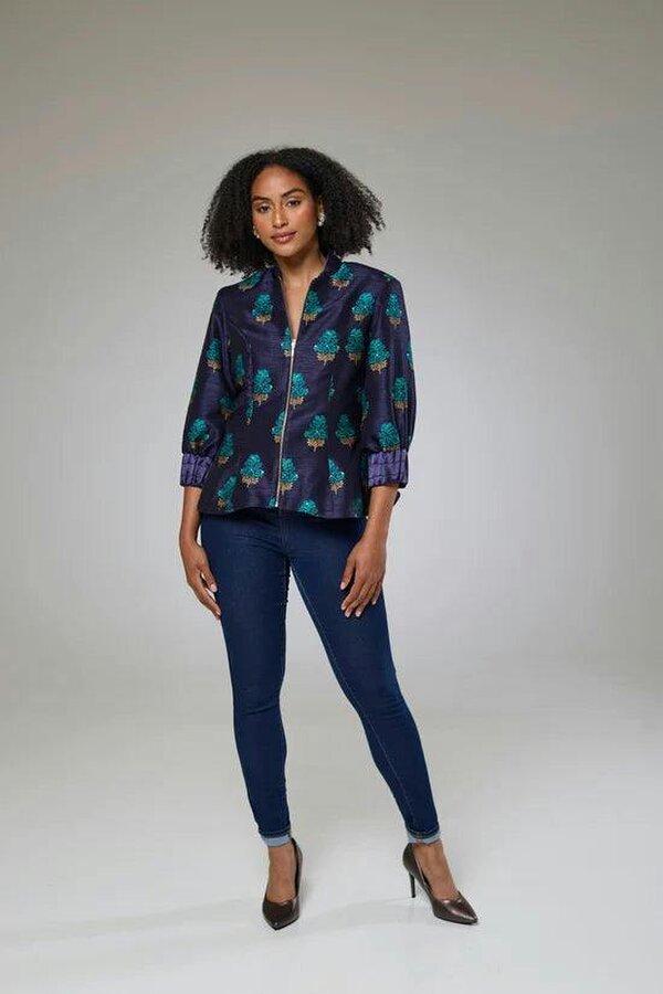 Lioness by TF Aquamarine Embroidered Raw Silk Fitted Jacket Blouse
