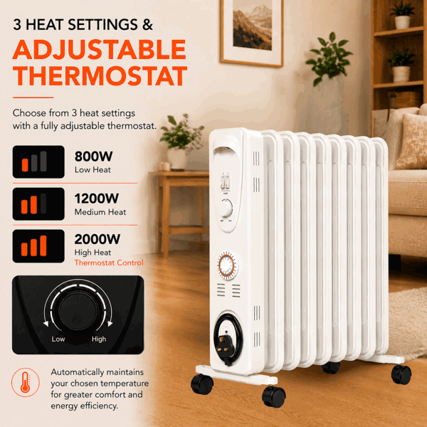 Mylek Oil Filled Electric Portable Heater Radiator with Adjustable Thermostat 2000w With Timer