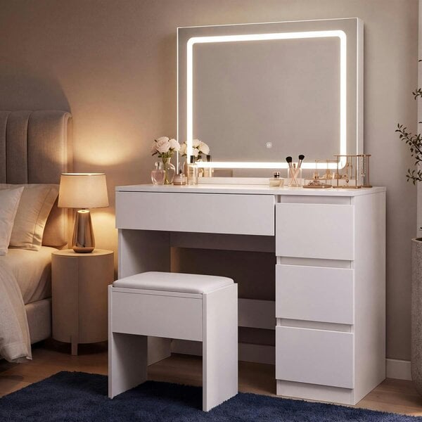 Kosy Koala Modern Dressing Table with LED Lights Mirror Vanity Makeup Desk Stool Set
