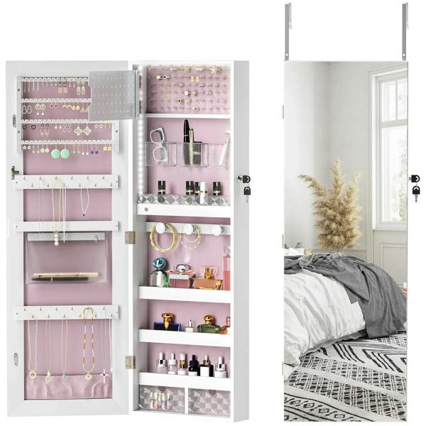 Lockable white jewellery cabinet with pink interior, LED-lit shelves and hanging earring hooks