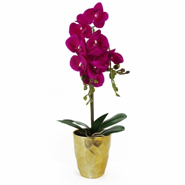 Leaf 54cm Artificial Orchid Plant - Dark Pink Gold Pot