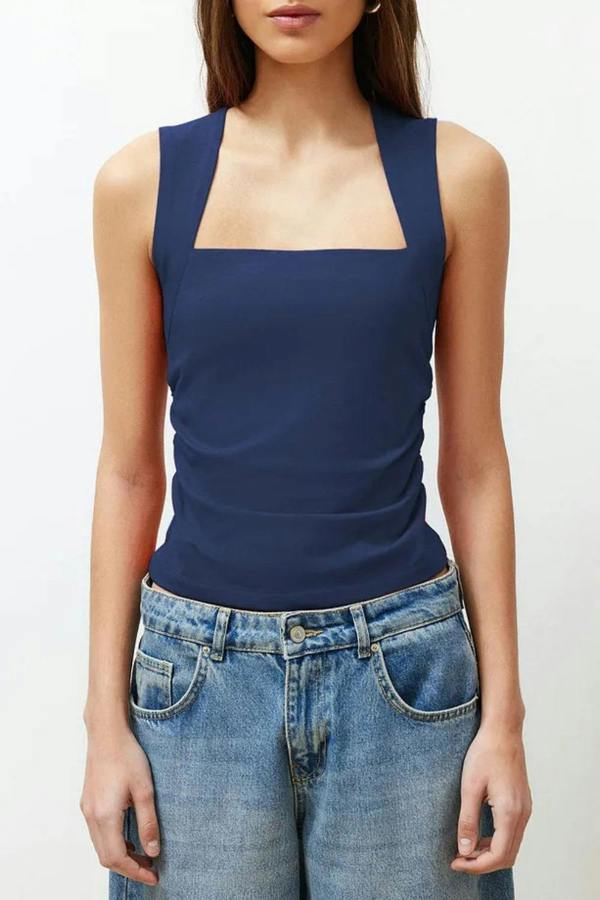 Hoxton Gal Plain Square-Neck Ruched Fitted Stretch Knit Blouse