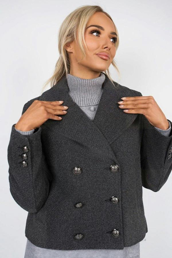 Leona Cropped Double Breasted Jacket With Luxe Button Detail - Black