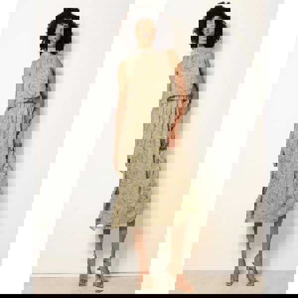 Blue Vanilla Paisley Print Rhinestone High Neck Midi Dress