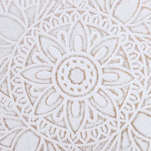 Wyld Haus Nona Wood White Round Coffee Table With Carved Floral Tray Top