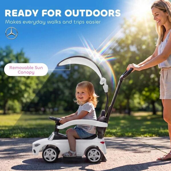 4 in 1 Licensed Benz Ride on Push Car with Handle, Canopy, Guardrails, Horn, Music, Storage for 12-36 Months, White
