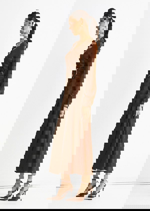 Gini London Brown Jersey Texture Wrap Metal Trim Midi Dress