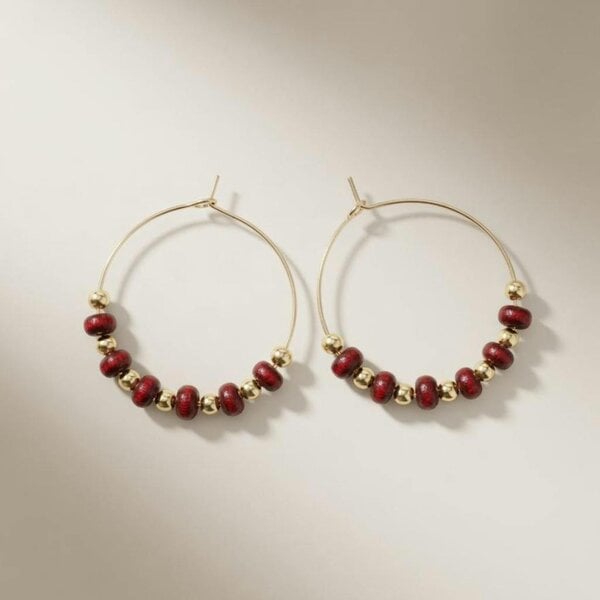 The Colourful Aura Red Sandalwood Bead Hoop Earrings | Gold Plated