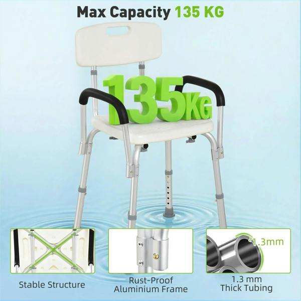 White shower chair with backrest, black armrests, and reinforced aluminum frame