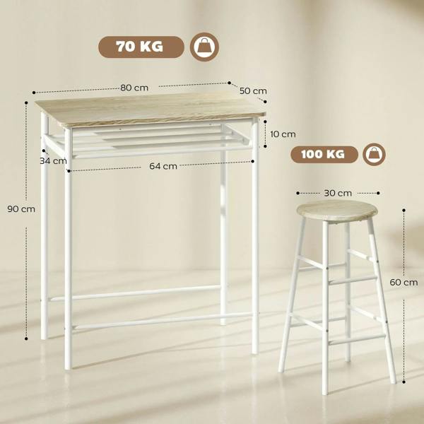 White bar table with oak-look top and open shelf, plus two stools with footrests