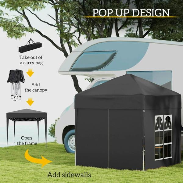 Black pop-up gazebo with arched window panels and zip-on sidewalls
