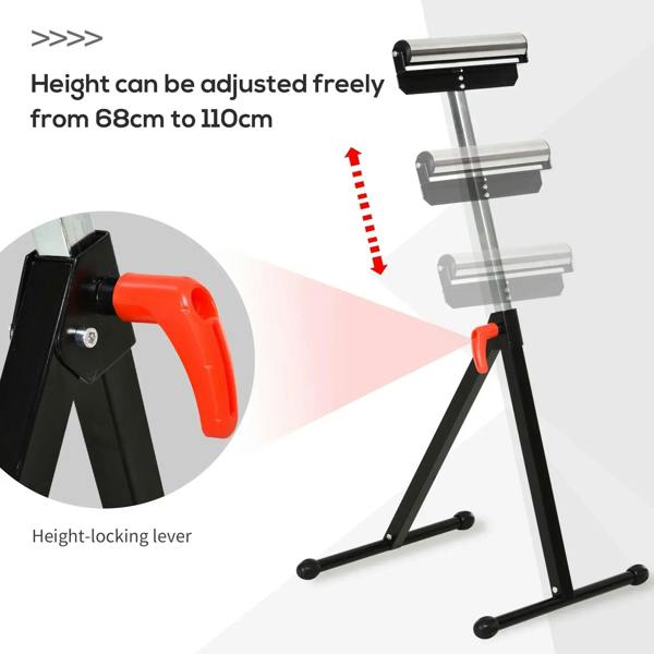 Black folding roller stand with height-lock lever and adjustable roller support