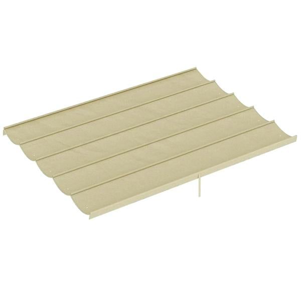 Beige retractable pergola canopy cover fabric with scalloped front edge and slatted panels