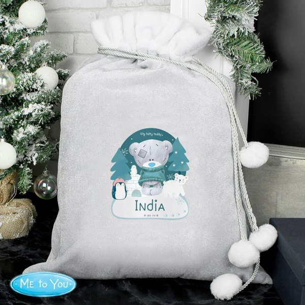 Personalised Memento Company Personalised Winter Explorer Tiny Tatty Teddy Luxury Silver Grey Pom Pom Sack