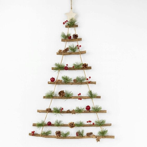 Neo Wooden Hanging Wall Xmas Christmas Tree Ladder Decoration Rustic Nordic Hygge Style with Pine Cones Red Berries Jute Rope Wall Mounted Décor