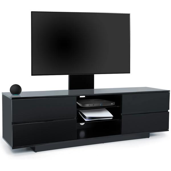 Homeology Avitus Gloss Black with 4-Black Drawers and 3-Shelves up to 65" LED/LCD/Plasma TV Stand with Mounting Arm