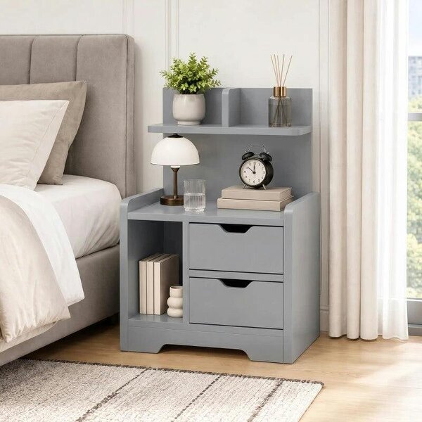 Bedside Table, Small Bedside Cabinet with 2 Drawers and Storage Shelves, Modern Nightstand for Bedroom, Grey