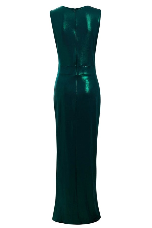 The back view of a woman in a Sarvin Green Cut Out Side Dress.