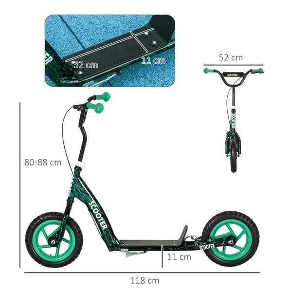 Kids kick scooter size diagram with adjustable handlebar, kickstand, and large wheels