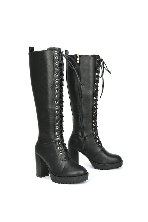 XY LONDON Knee High Block Heel Lace Up Platform Boots