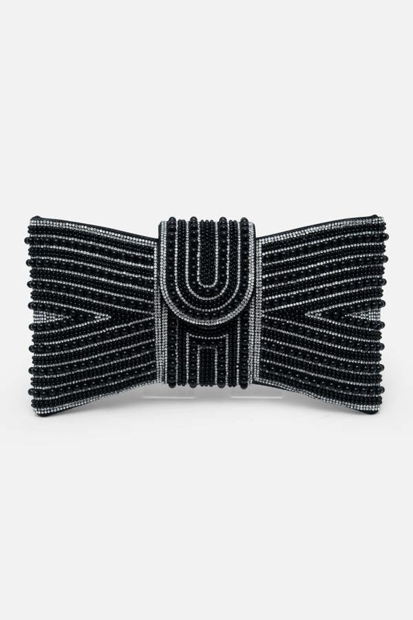 Sparkly Pearl Bow Clutch Bag Black, featuring magnetic flap closure