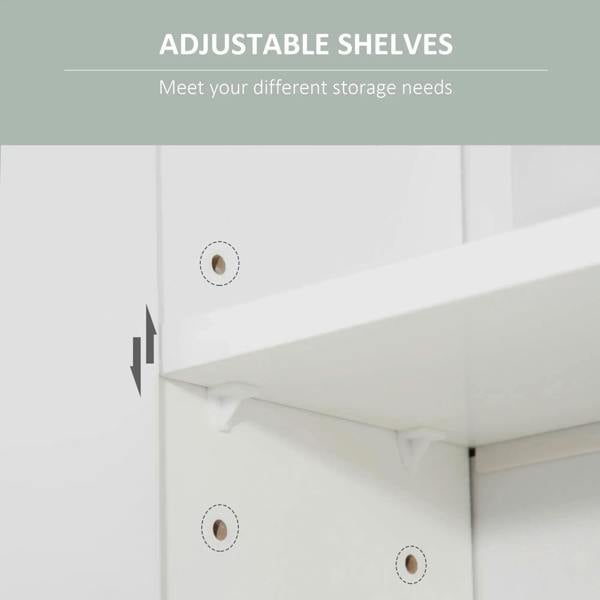White cabinet interior showing adjustable shelf pin holes and ledge support