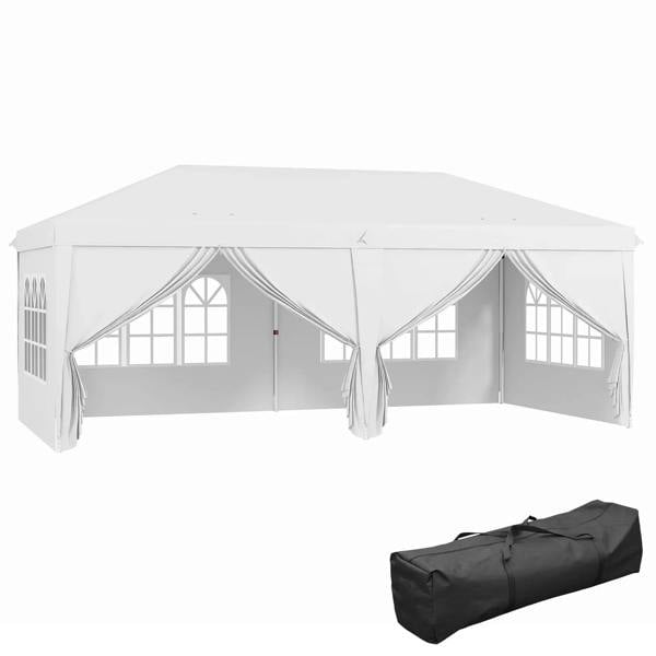White pop-up garden gazebo with sidewalls, windows, and included carry bag