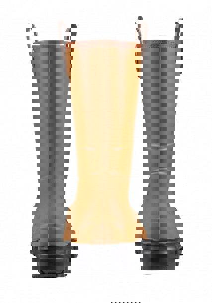 Dunlop Rigpro Unlined Mens Steel Toe/Midsole S5 Rigger Boots, brown rubber work boots viewed from the back showing the sturdy sole and tall shaft.